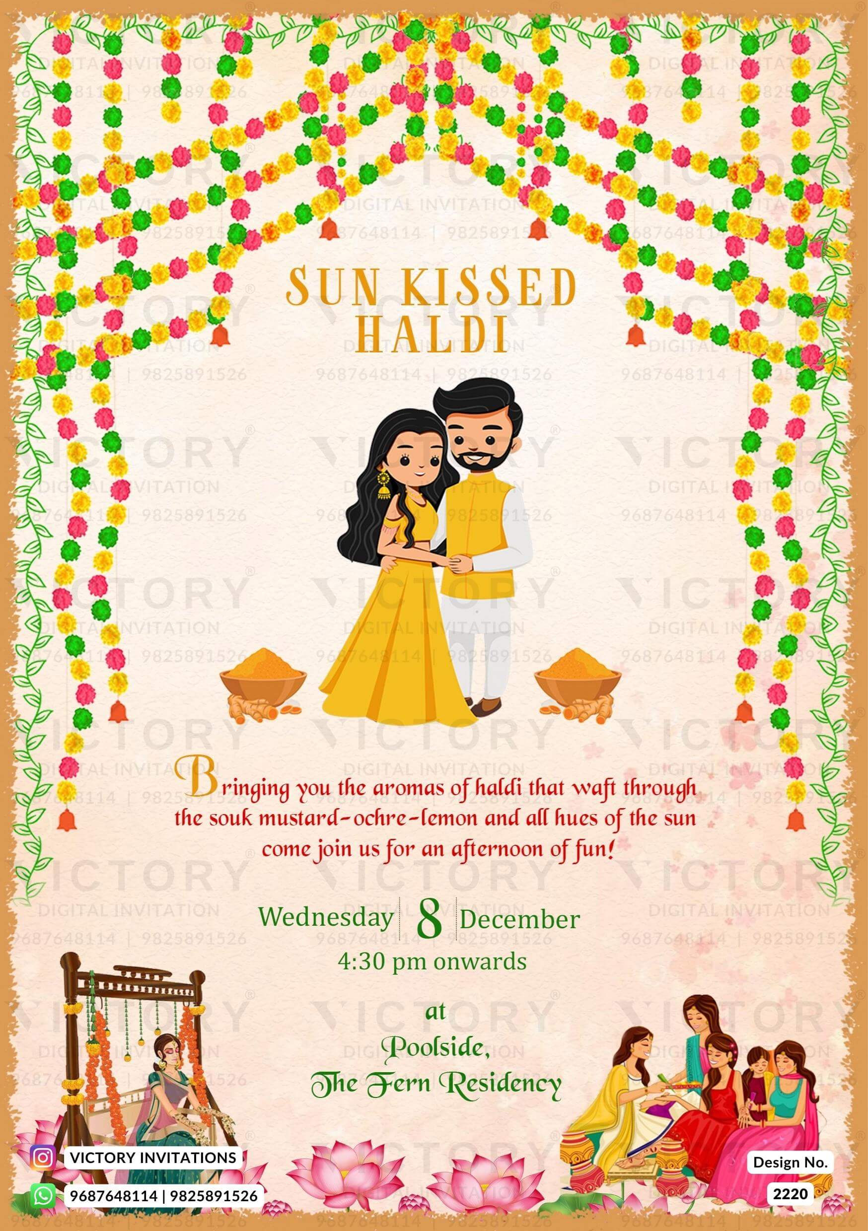 Haldi ceremony invitation card in english language with marigold garland, lotus as traditional theme design 2220