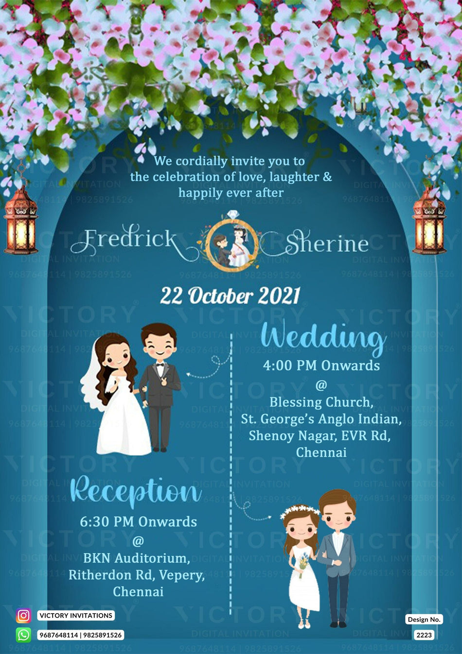 Bible verse Christian wedding ceremony invitation card of Catholic church family in english language with floral gate theme design 2223
