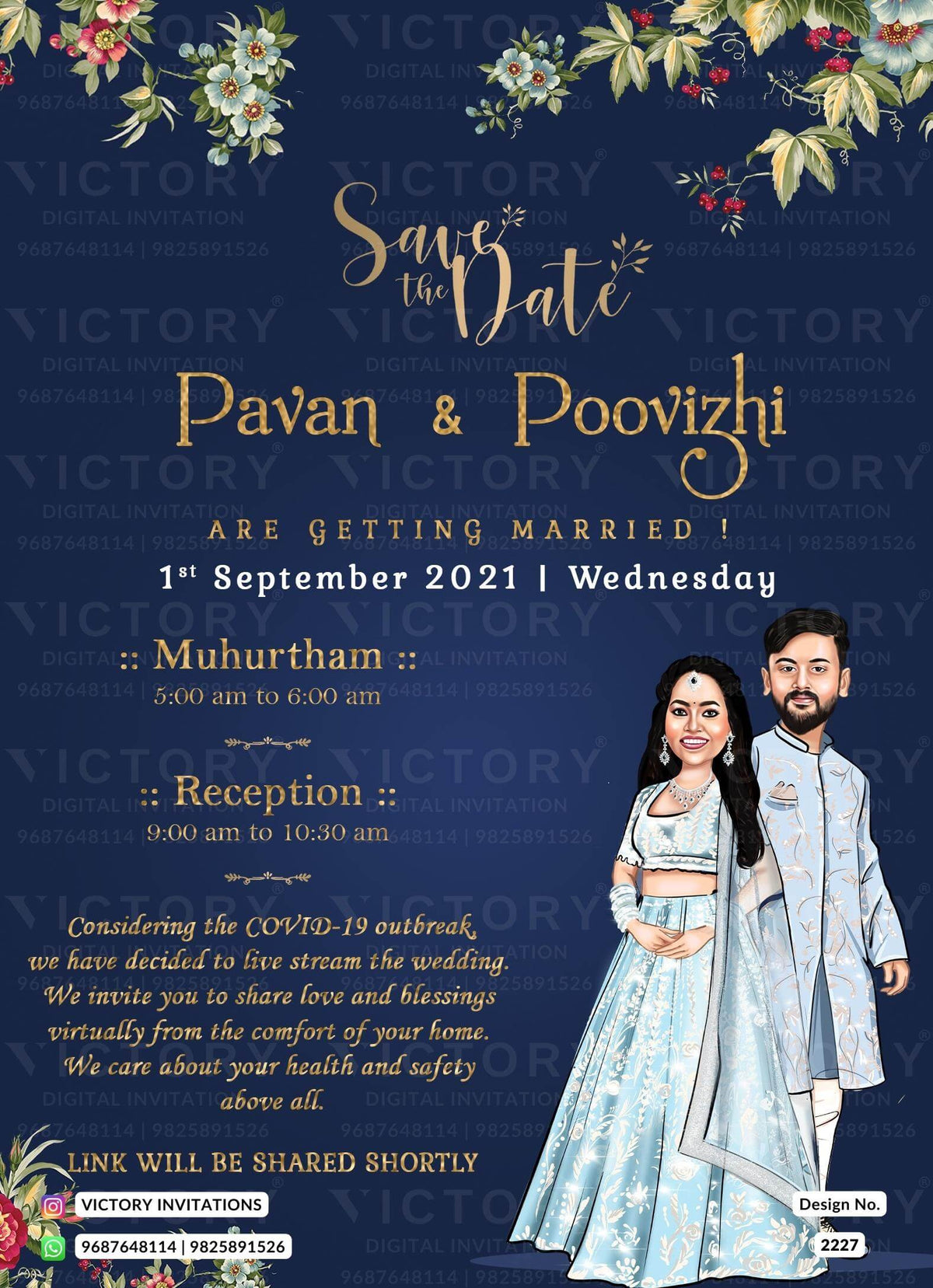 Glittery couple caricature invitation card for wedding ceremony of gujarati patel family in english language with minimalistic theme design 2227