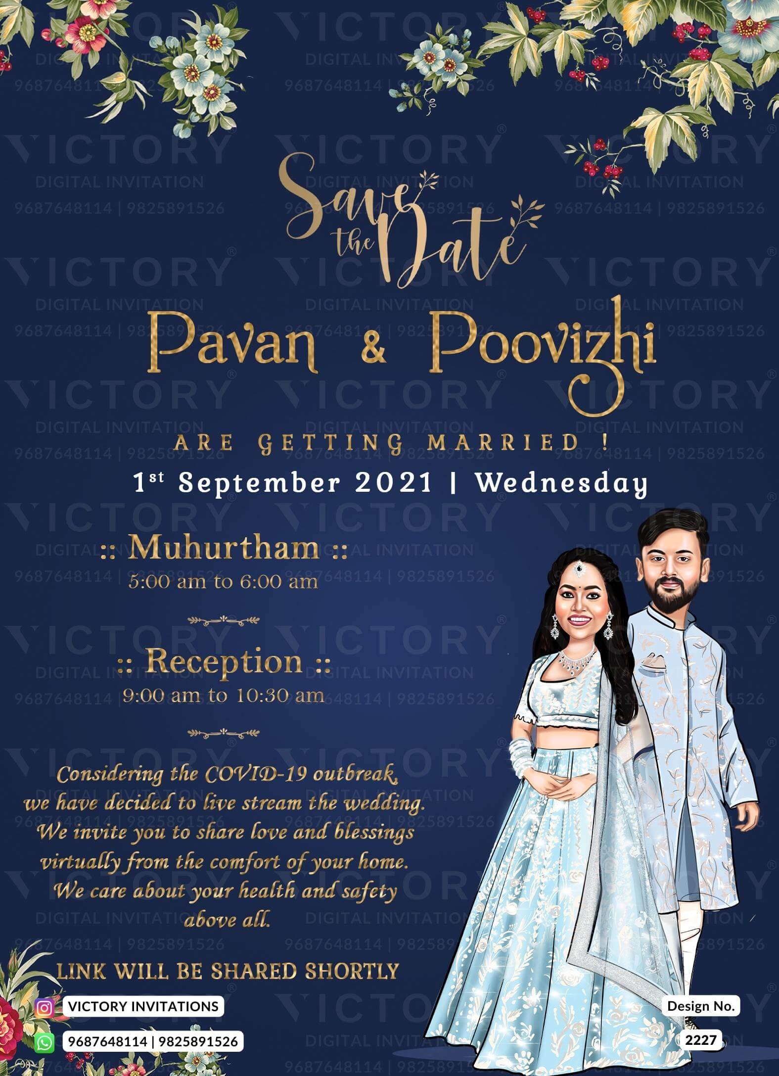 Glittery couple caricature invitation card for wedding ceremony of gujarati patel family in english language with minimalistic theme design 2227