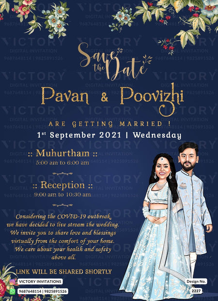 Glittery couple caricature invitation card for wedding ceremony of gujarati patel family in english language with minimalistic theme design 2227