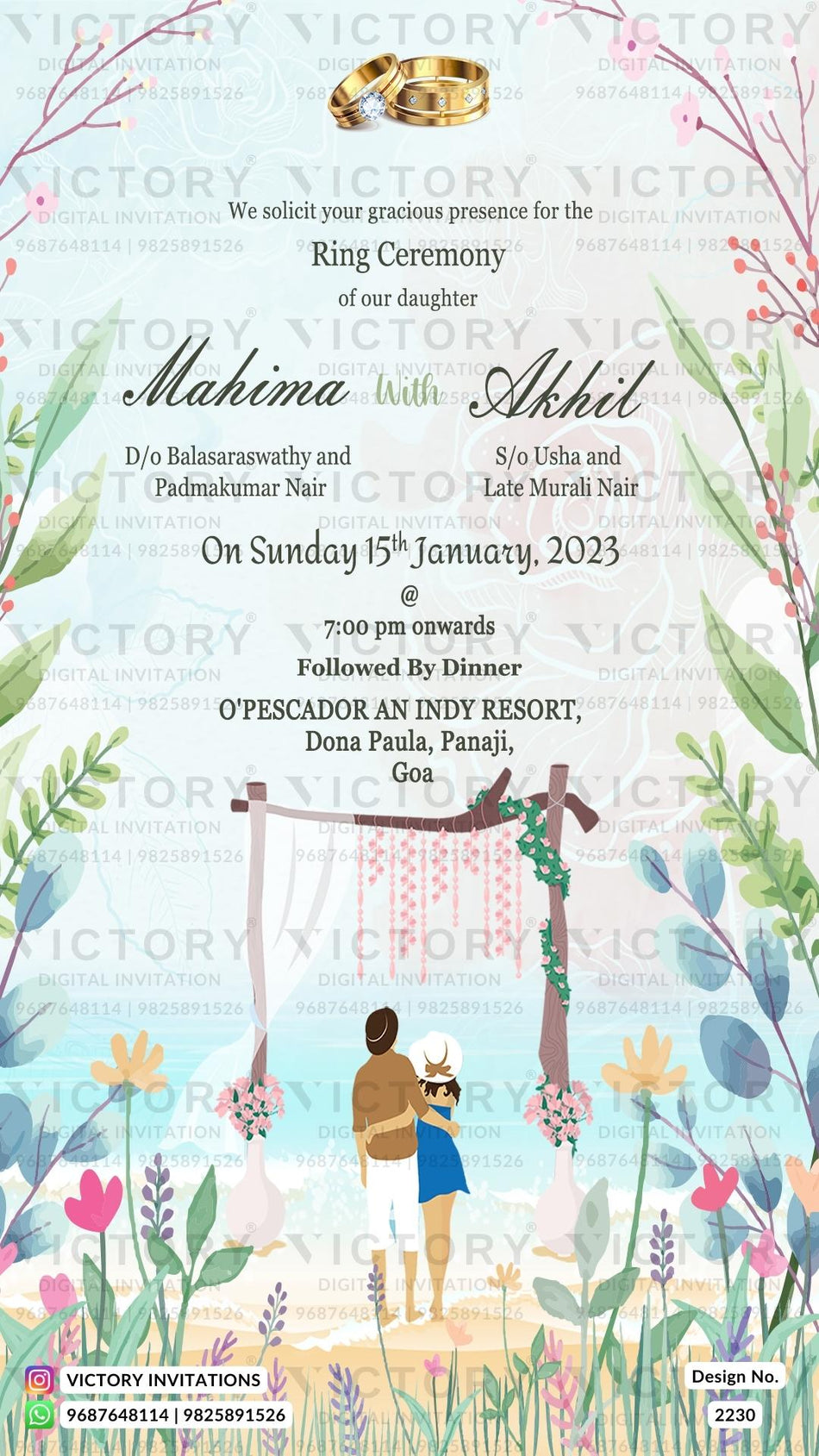 Engagement ceremony invitation card in english language with couple doodle, leaves, ring as beach theme design 2230