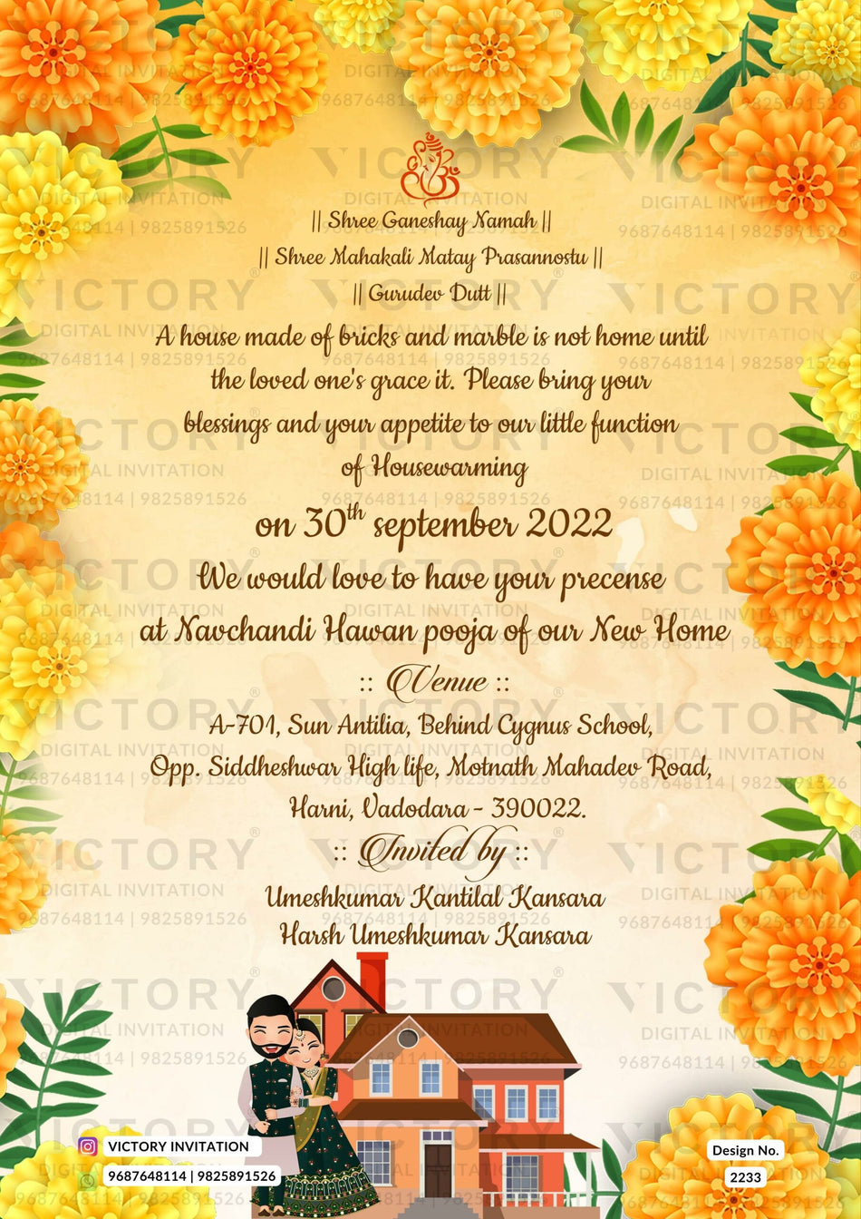 House Warming ceremony invitation card in english language with couple doodle, house as floral theme design 2233
