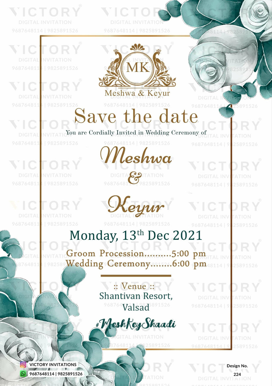 Wedding ceremony invitation card of hindu gujarati jain family in english language with Minimalistic theme design 224