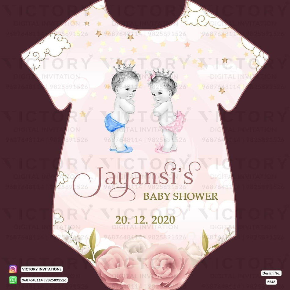 Baby Shower ceremony invitation card in english language with stars, flowers as minimalistic theme design 2246