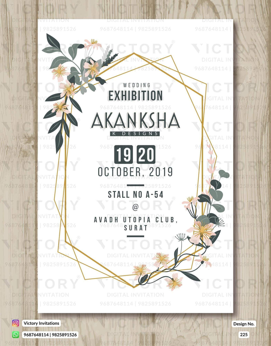 Exhibition invitation card in english language with frame, flowers as floral theme design 225