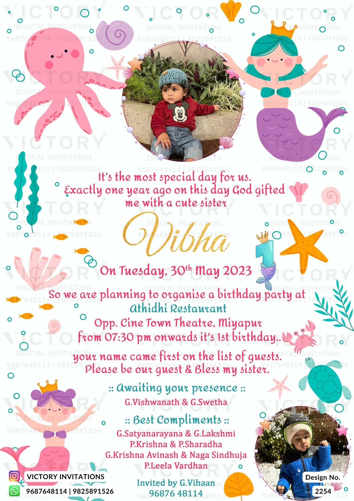 Birthday party invitation card for girl in english language with Under the Sea theme design 2254