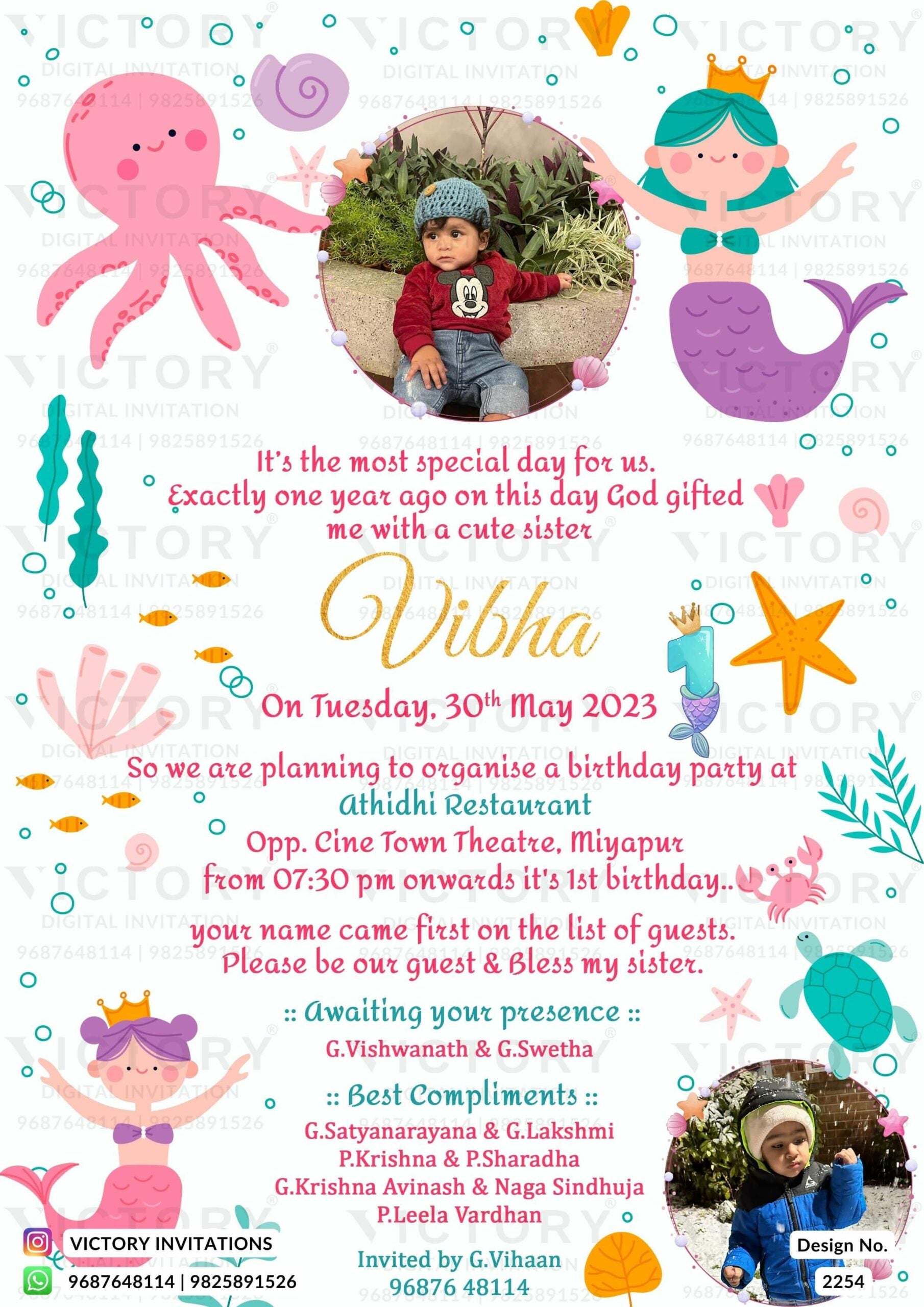 Birthday party invitation card for girl in english language with Under the Sea theme design 2254