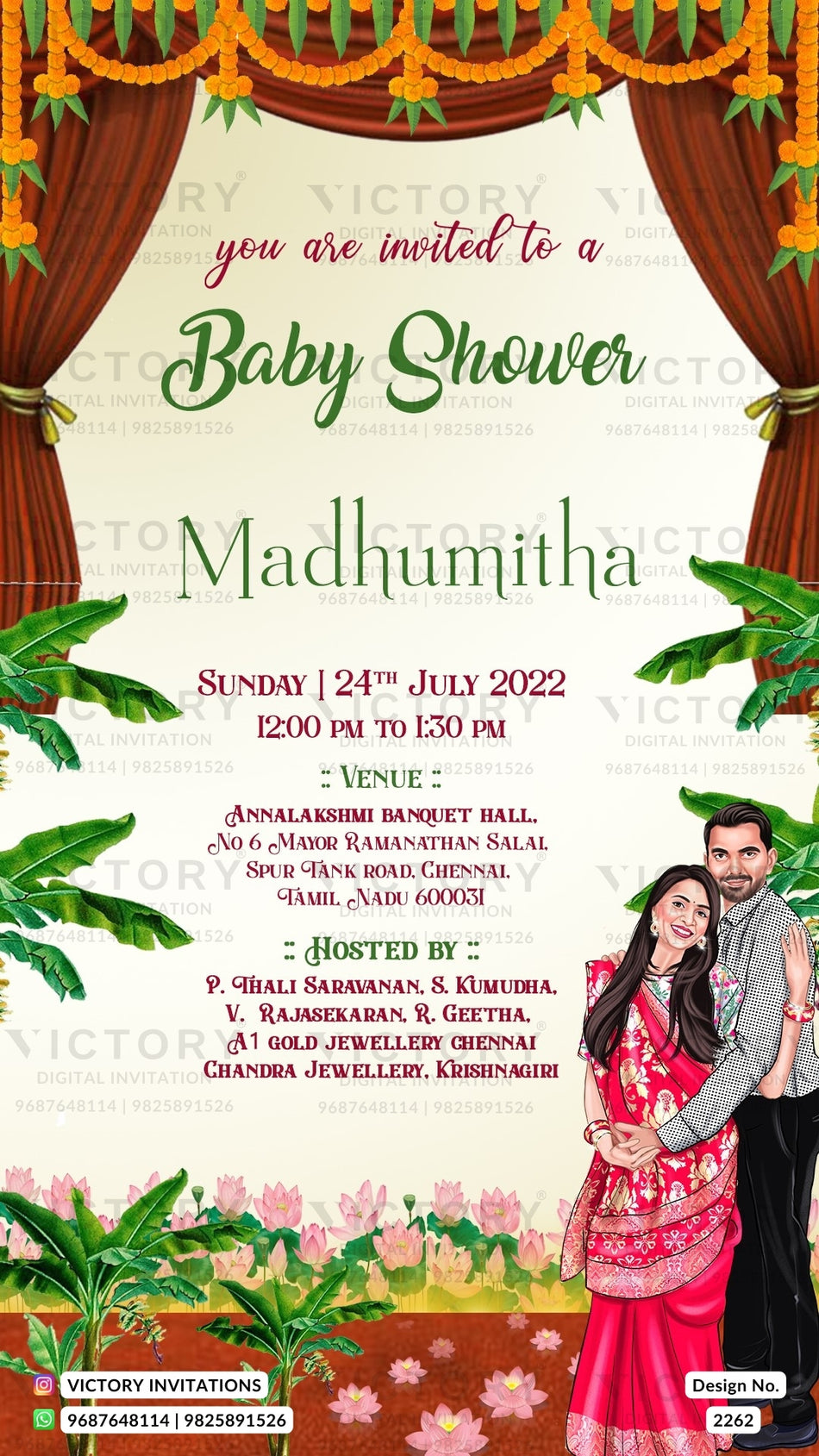 romantic couple caricature invitation card for Baby Shower ceremony in English language with leaves, flowers as traditional theme design 2262