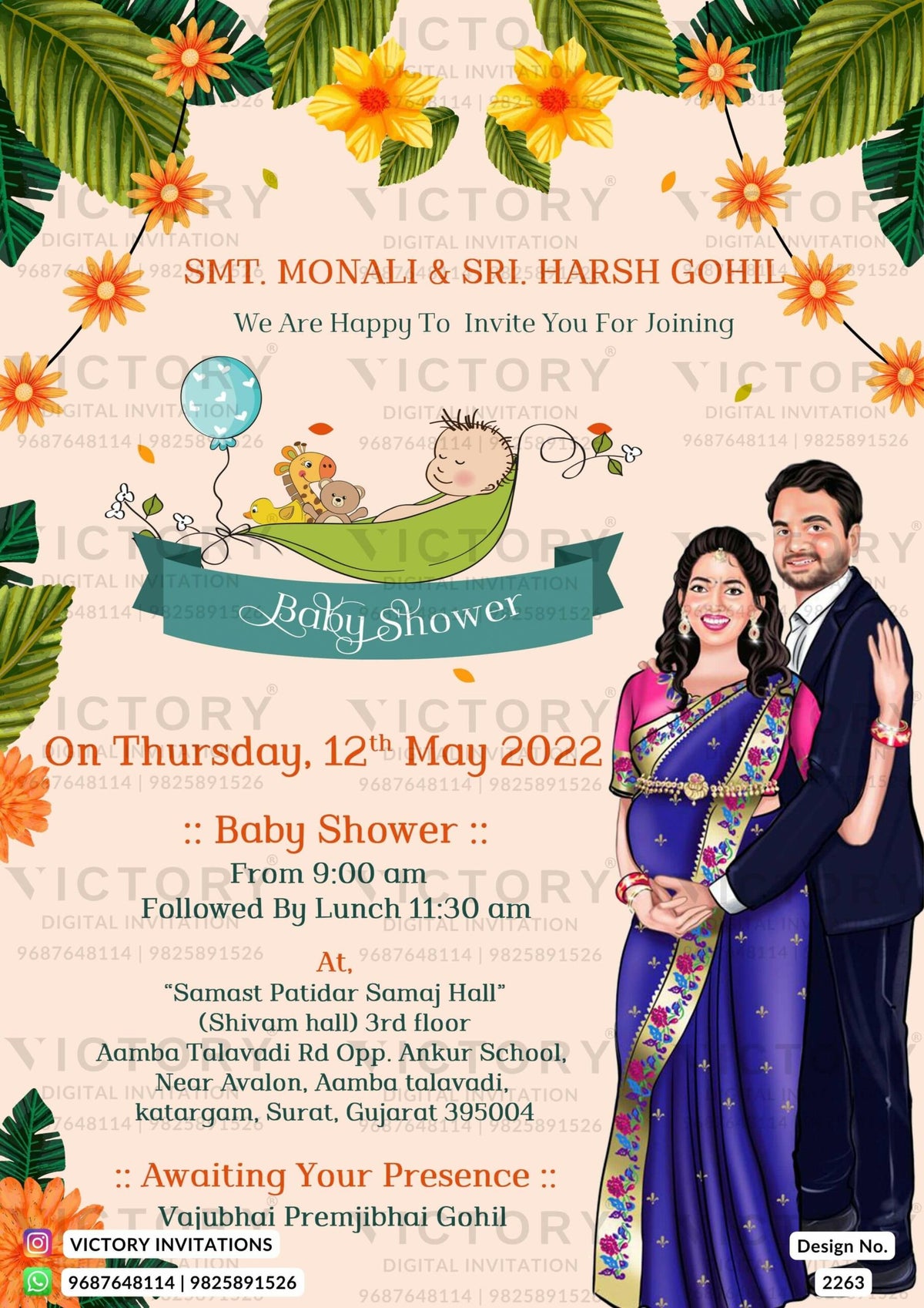 traditional couple caricature invitation card for Baby Shower ceremony in English language with leaves as floral theme design 2263