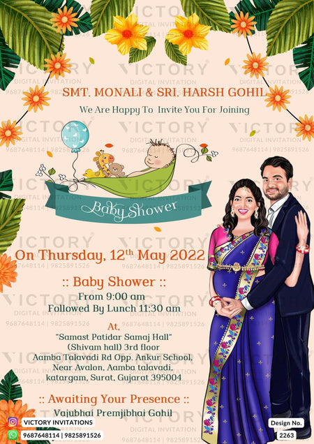 traditional couple caricature invitation card for Baby Shower ceremony in English language with leaves as floral theme design 2263