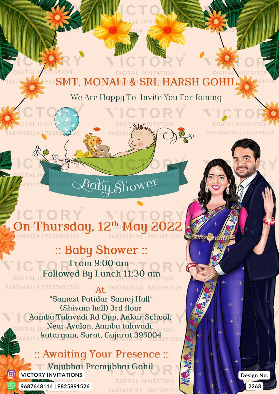traditional couple caricature invitation card for Baby Shower ceremony in English language with leaves as floral theme design 2263
