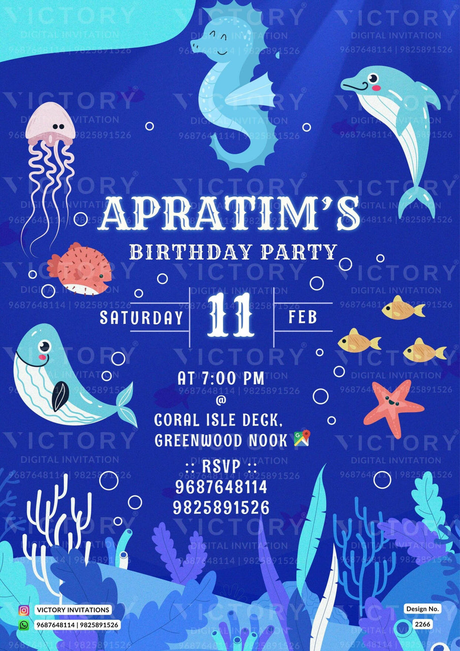 Birthday party invitation card for girl in english language with under the sea theme design 2266