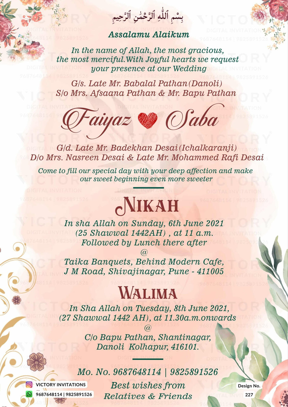 Nikah ceremony invitation video of Muslim family in english language with Floral theme design 227