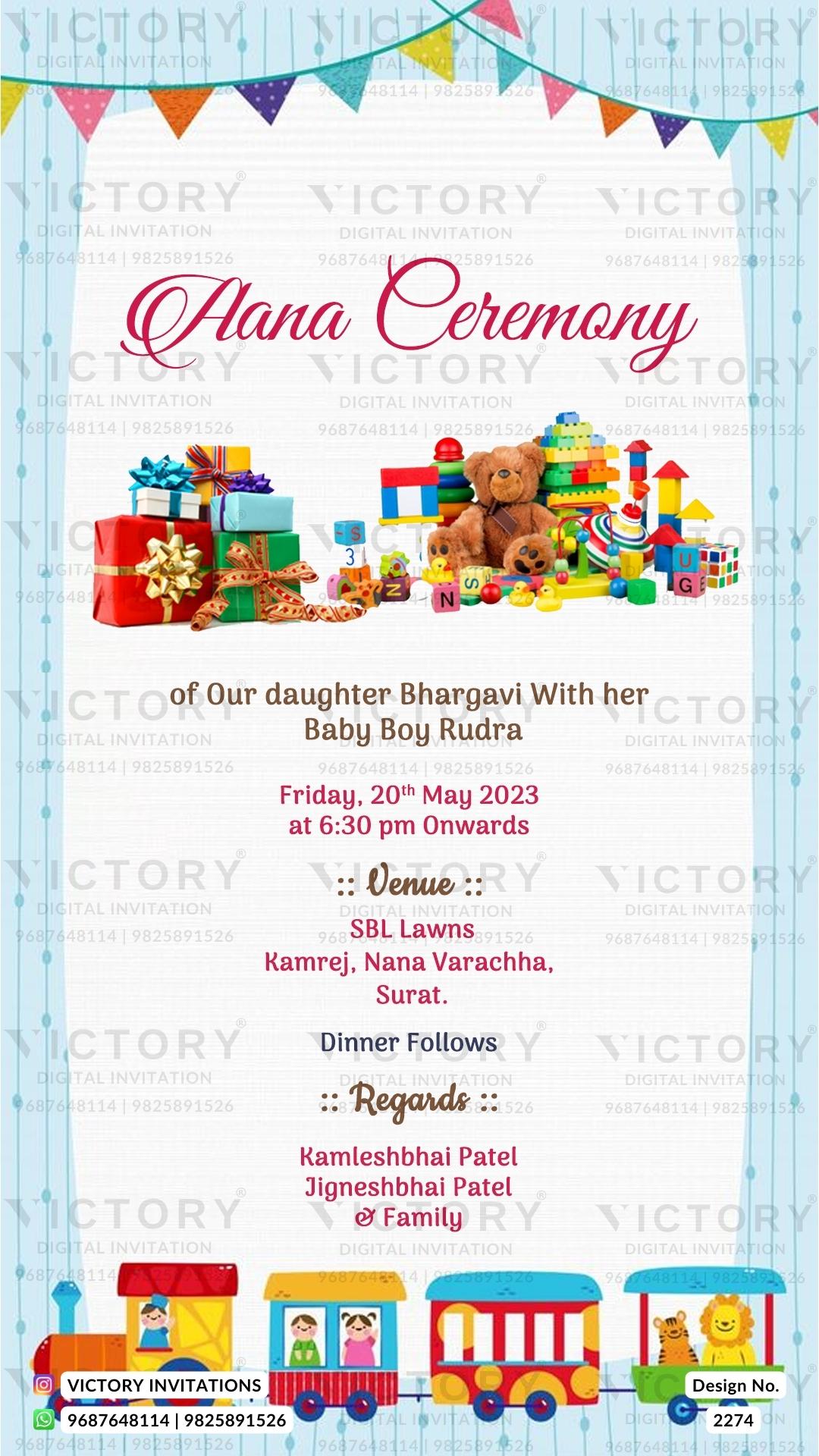 Aana ceremony invitation card in english language with train, birthday flag, toys as playful theme design 2274