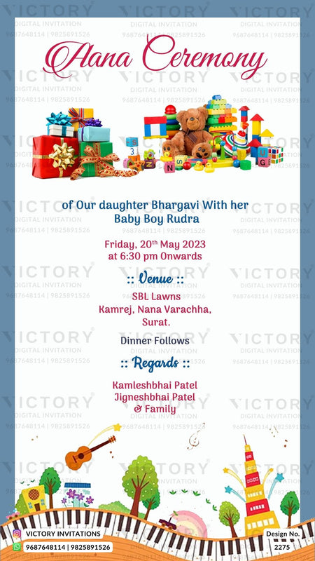 Aana ceremony invitation card in english language with piano, toys as playful theme design 2275