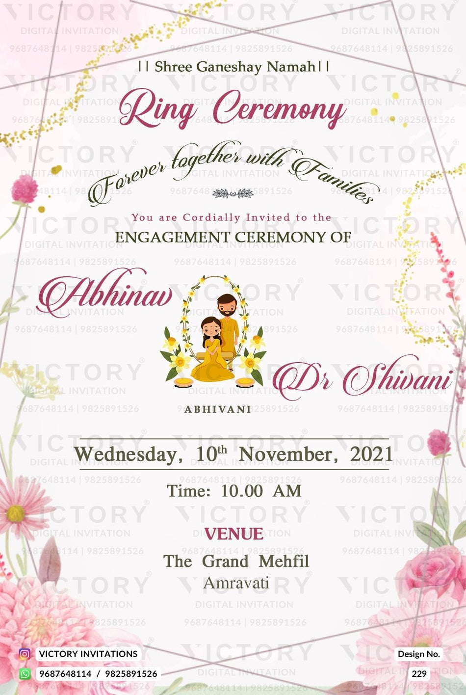 Engagement ceremony invitation card in english language with pink flowers, couple doodle as glittery theme design 229