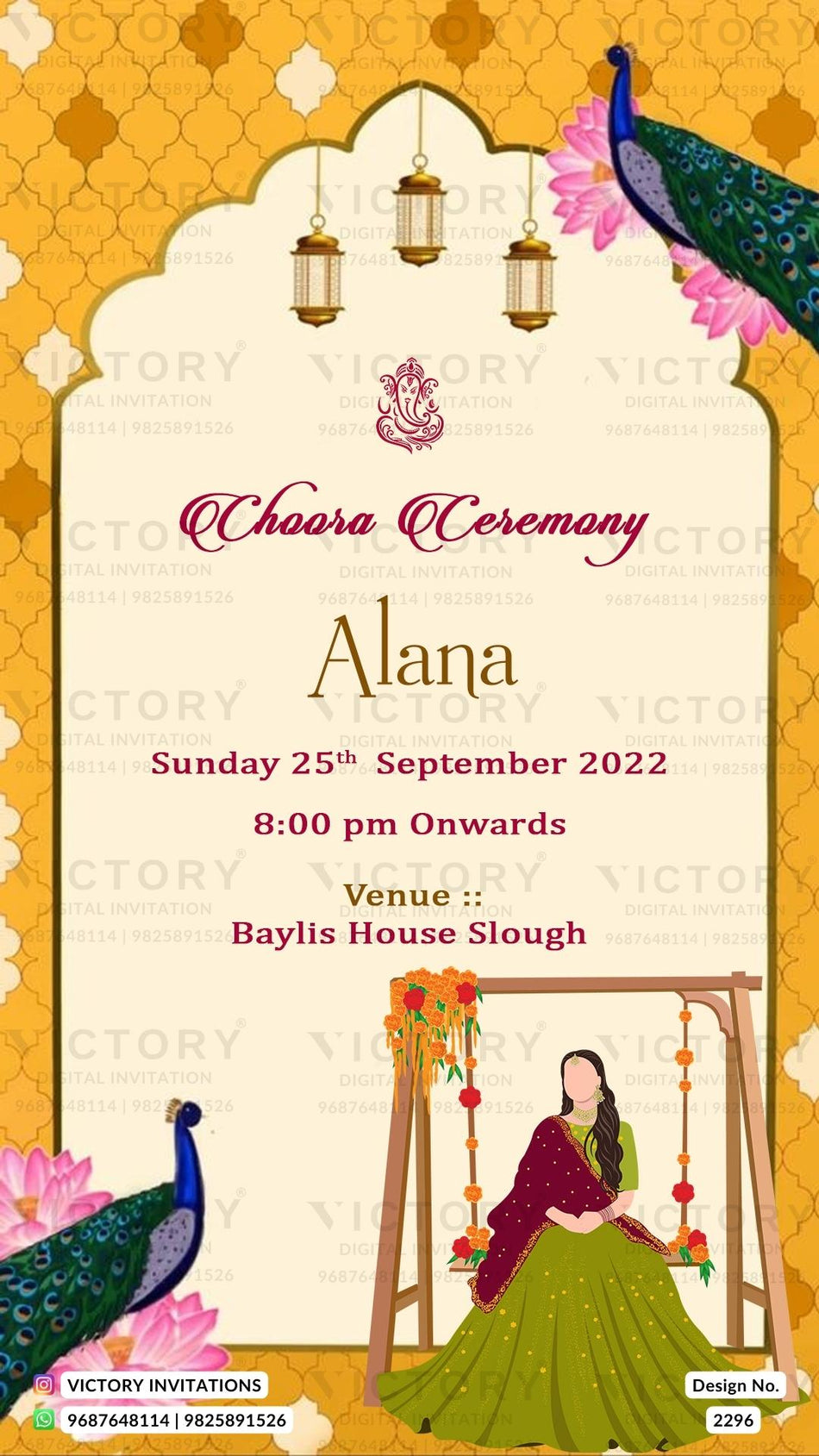 Choora ceremony invitation card in english language with arch theme design 2296