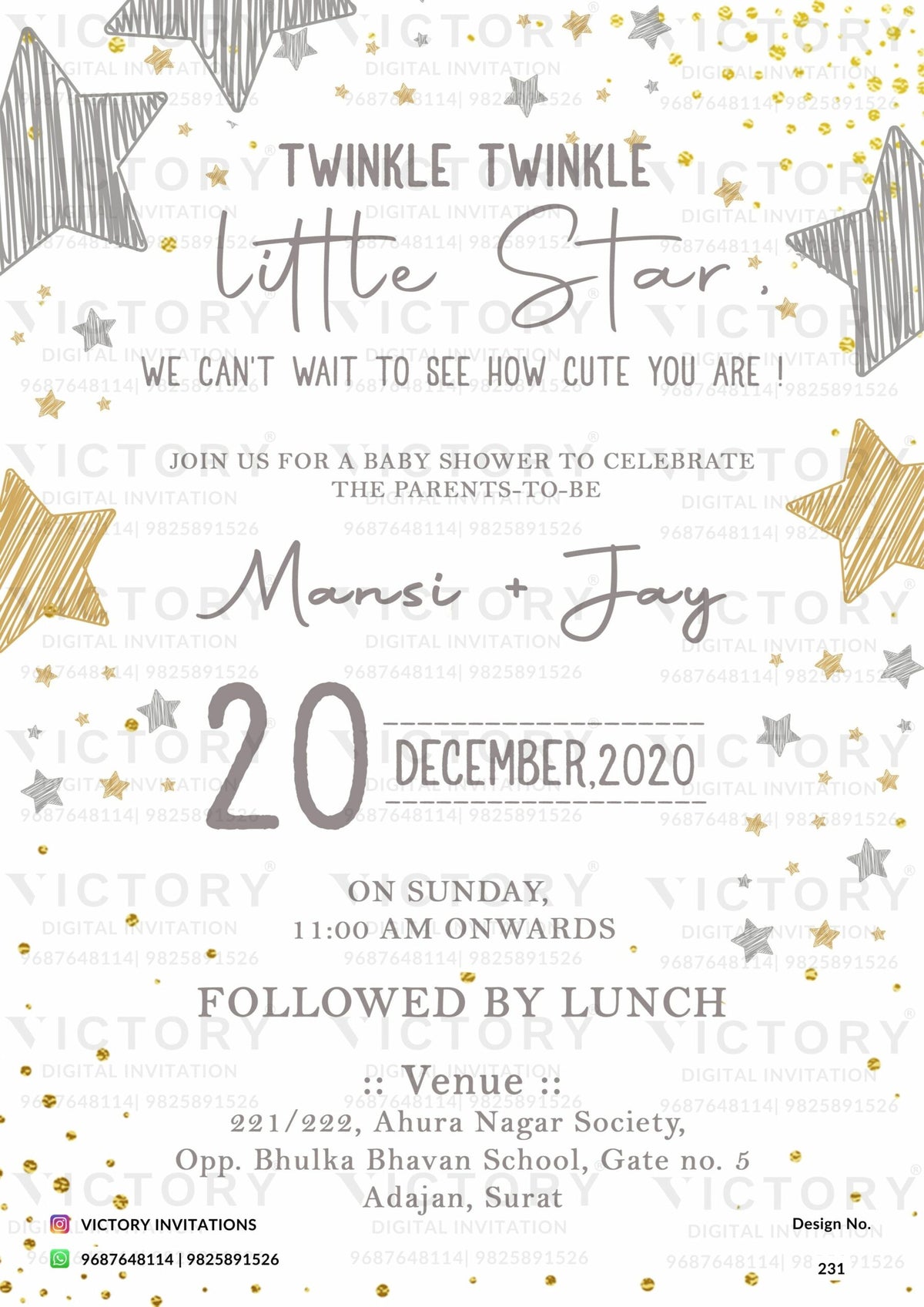Baby Shower ceremony invitation card in english language with stars, sparkle as shining theme design 231
