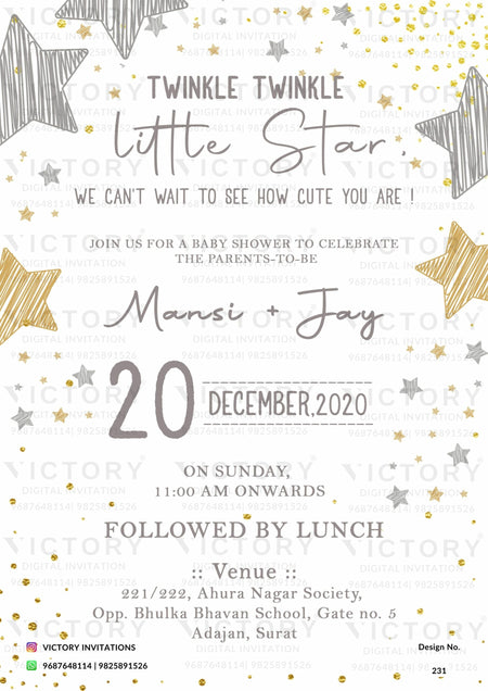 Baby Shower ceremony invitation card in english language with stars, sparkle as shining theme design 231