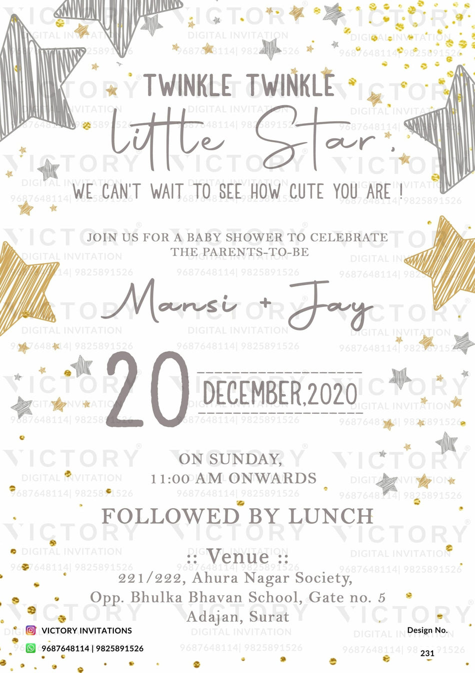 Baby Shower ceremony invitation card in english language with stars, sparkle as shining theme design 231