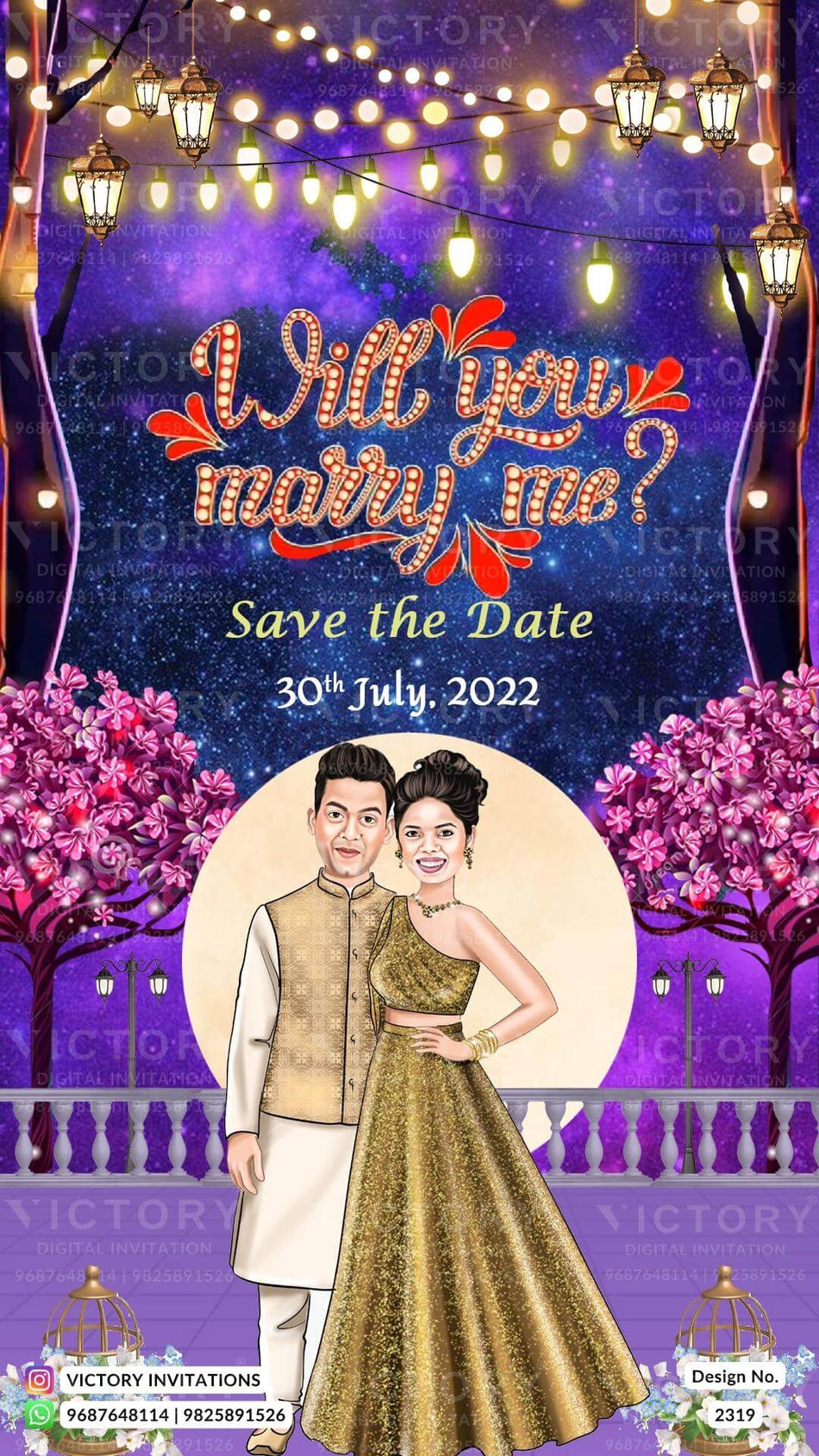 Bollywood couple caricature invitation card for Save the Date in English language with flowers, lights, cage as Romantic theme design 2319