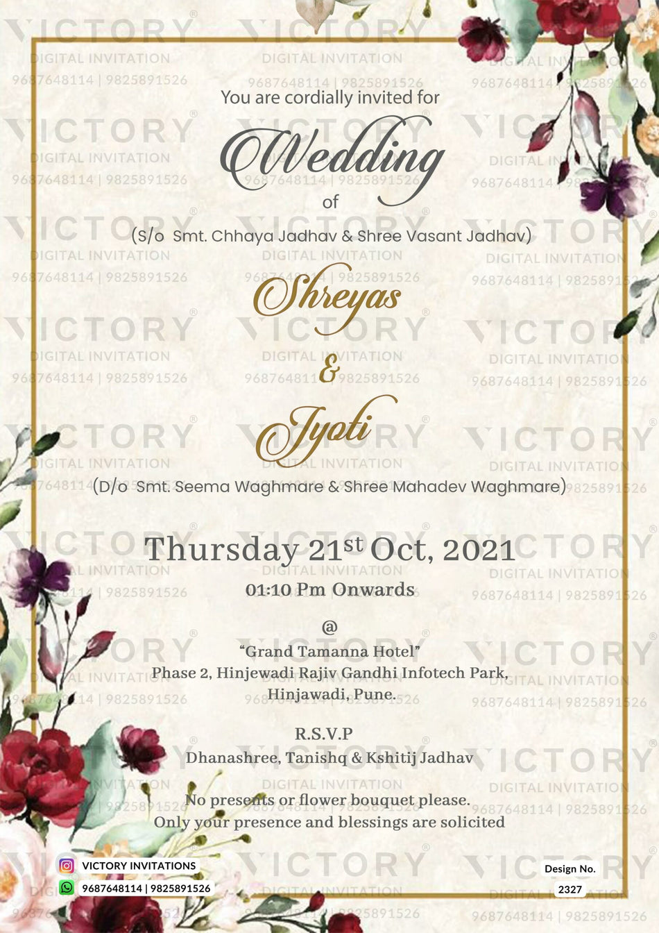 Wedding ceremony invitation card of hindu maharashtrian marathi family in english language with minimalistic theme design 2327
