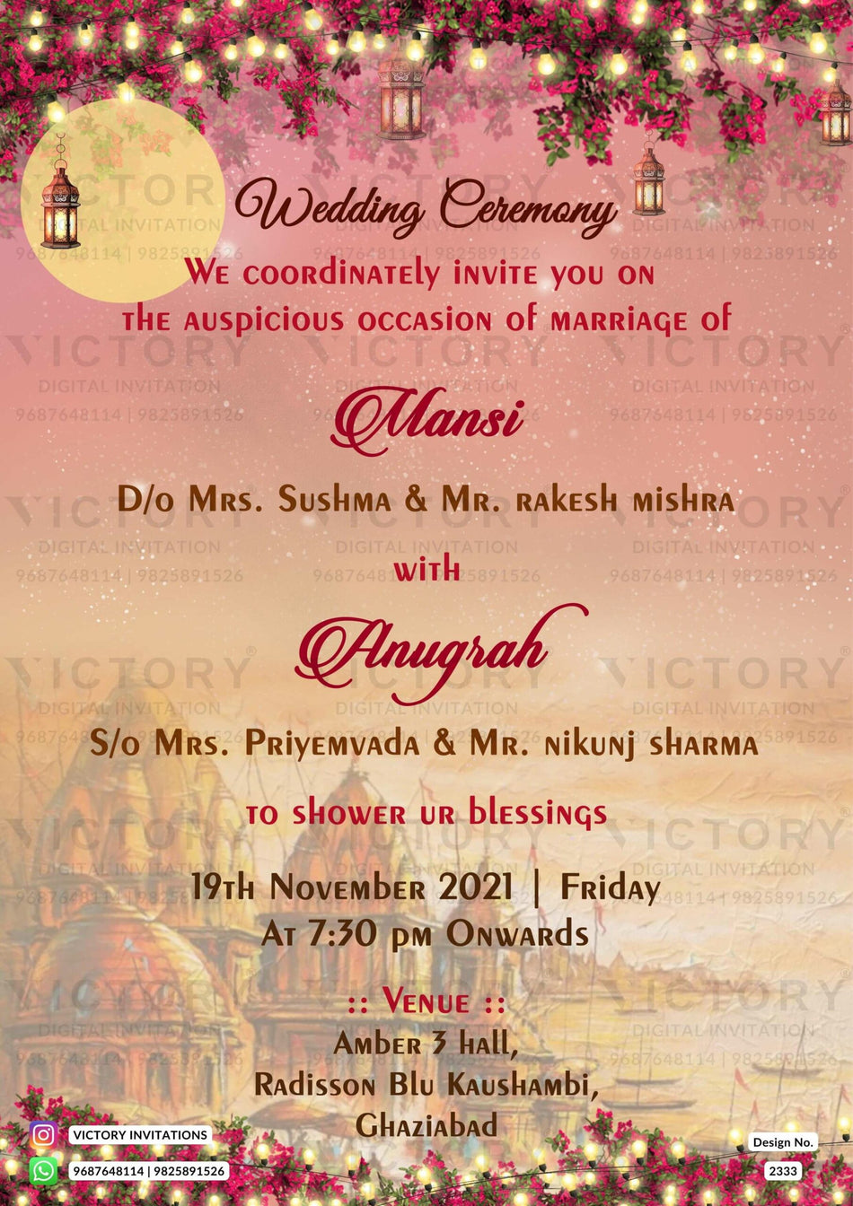 Wedding ceremony invitation video of hindu north indian bhojpuri family in english language with temple theme design 2333