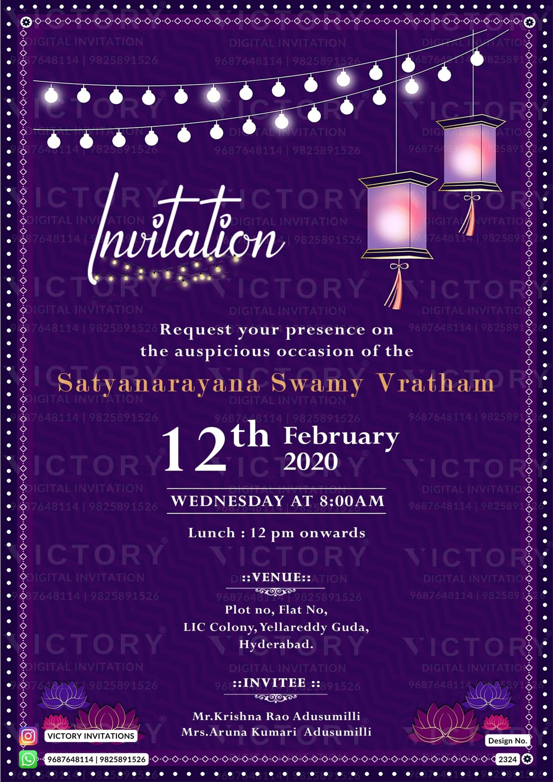 Satyanarayan Pooja Ceremony invitation card in english language with string lights as minimalistic theme design 2334