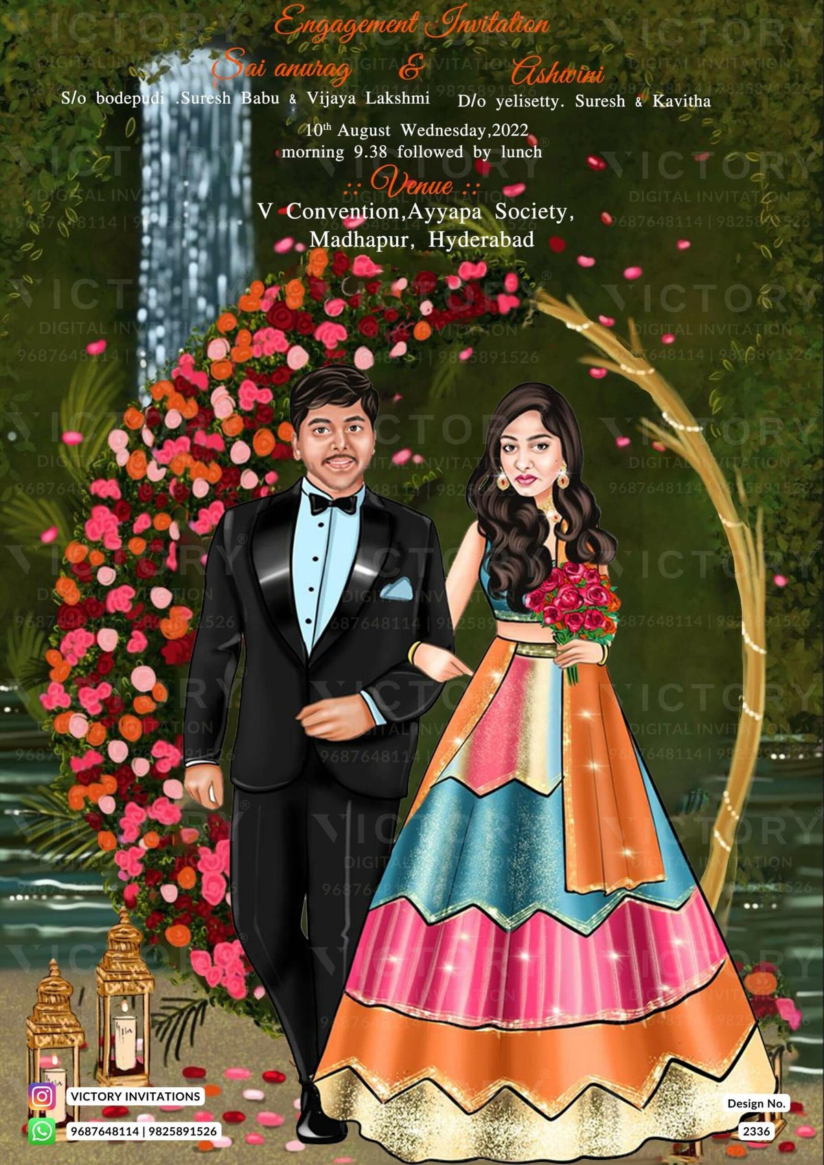 Adorable couple caricature invitation card for Engagement ceremony in Englsih language with flowers, rounded frame as waterfall theme design 2336