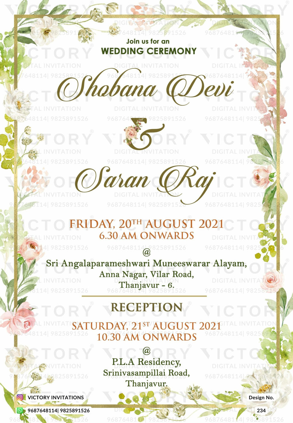 Nikah ceremony invitation card of Muslim family in english language with Floral theme design 234