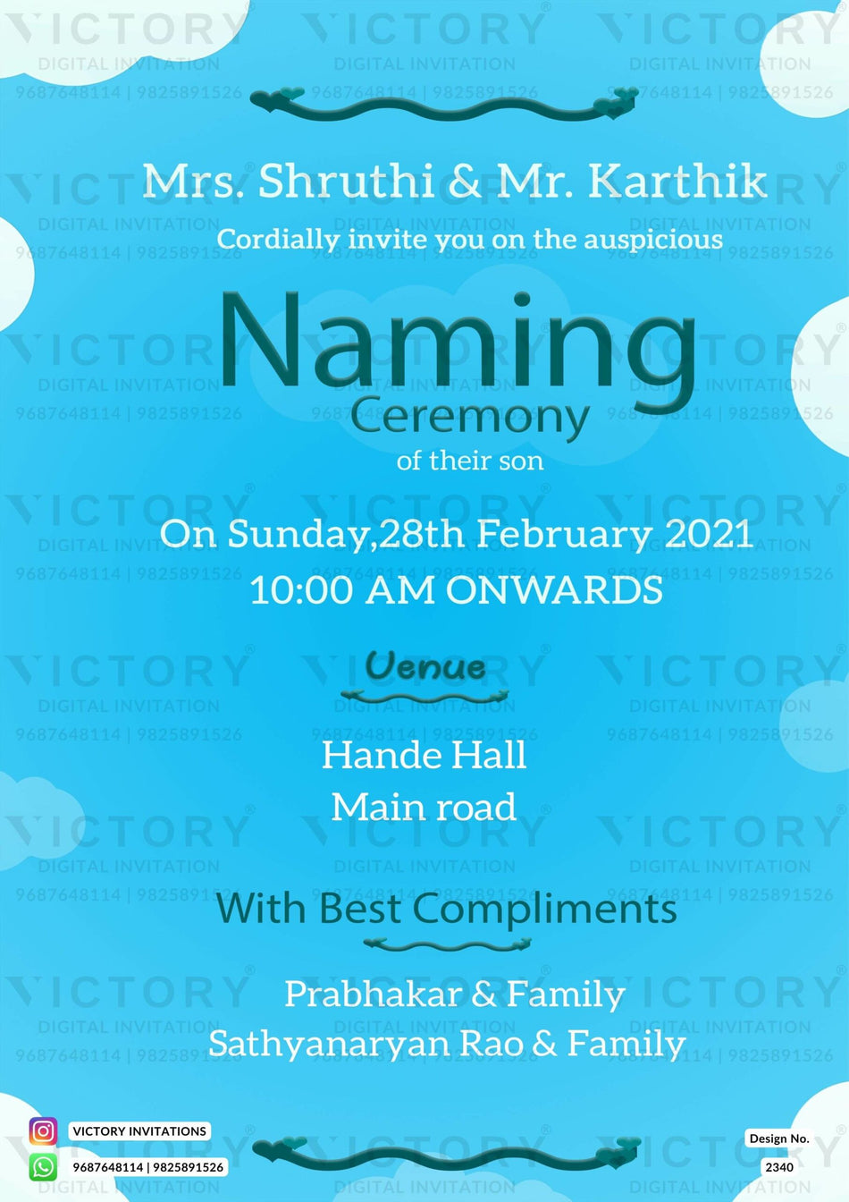 Baby Naming ceremony invitation card in english language with cloud as minimalistic theme design 2340