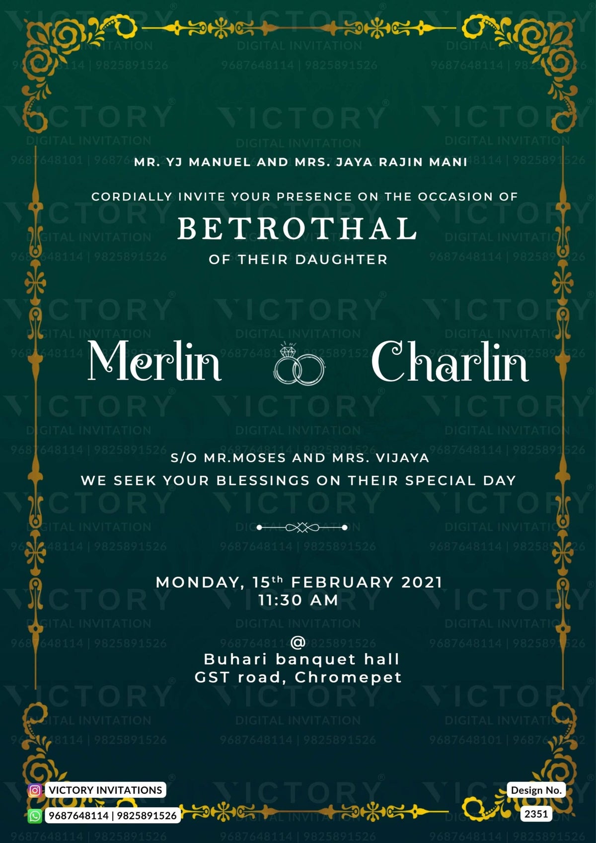Betrothal ceremony invitation card for Catholic family in english language with frame, couple ring as minimalistic theme design 2351