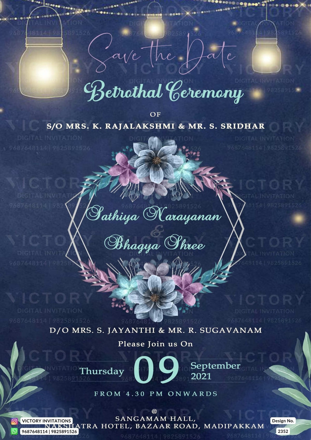 Betrothal ceremony invitation card for Catholic family in english language with flowers, frame as glitter theme design 2352