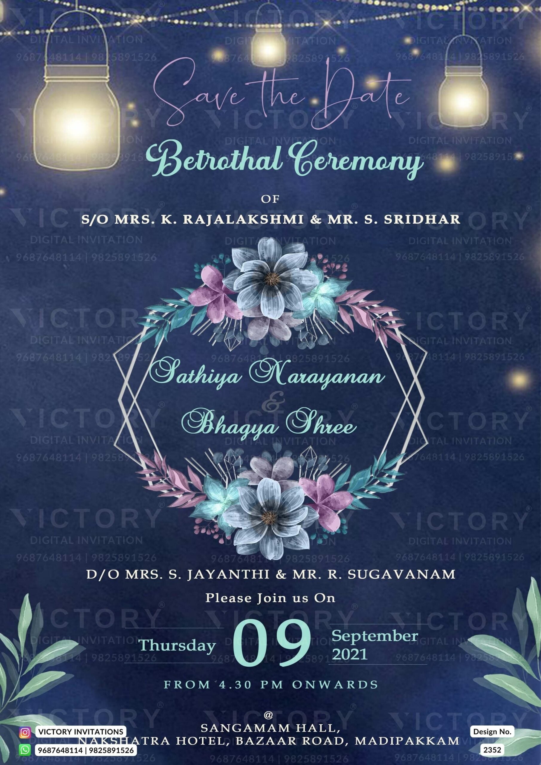 Betrothal ceremony invitation card for Catholic family in english language with flowers, frame as glitter theme design 2352