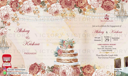 Engagement ceremony invitation card in english language with cake, string light, ring box as floral theme design 2355