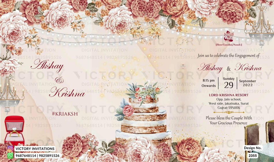 Engagement ceremony invitation card in english language with cake, string light, ring box as floral theme design 2355