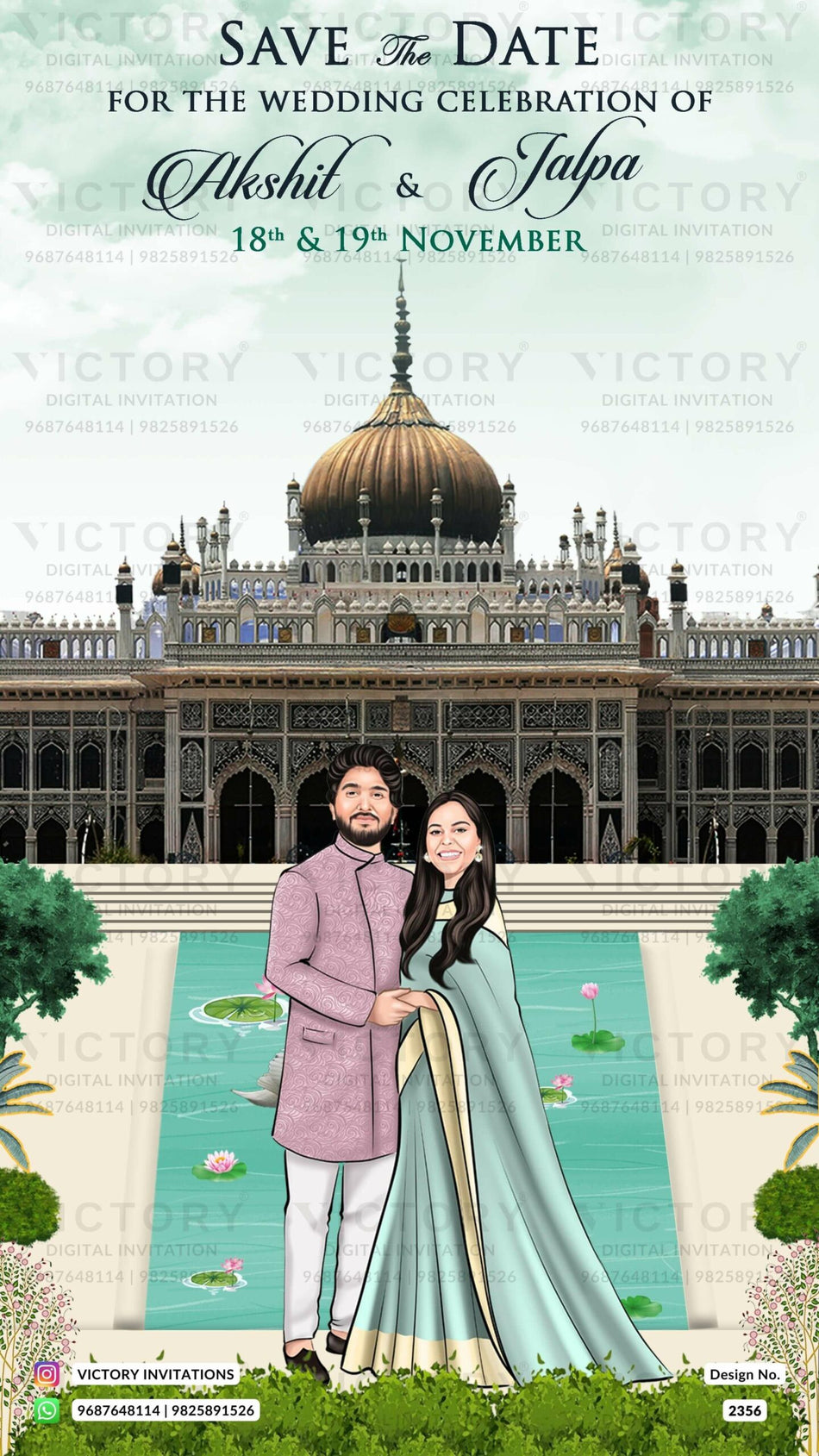 stylish couple caricature invitation card for Save the Date in English language with royal theme design 2356