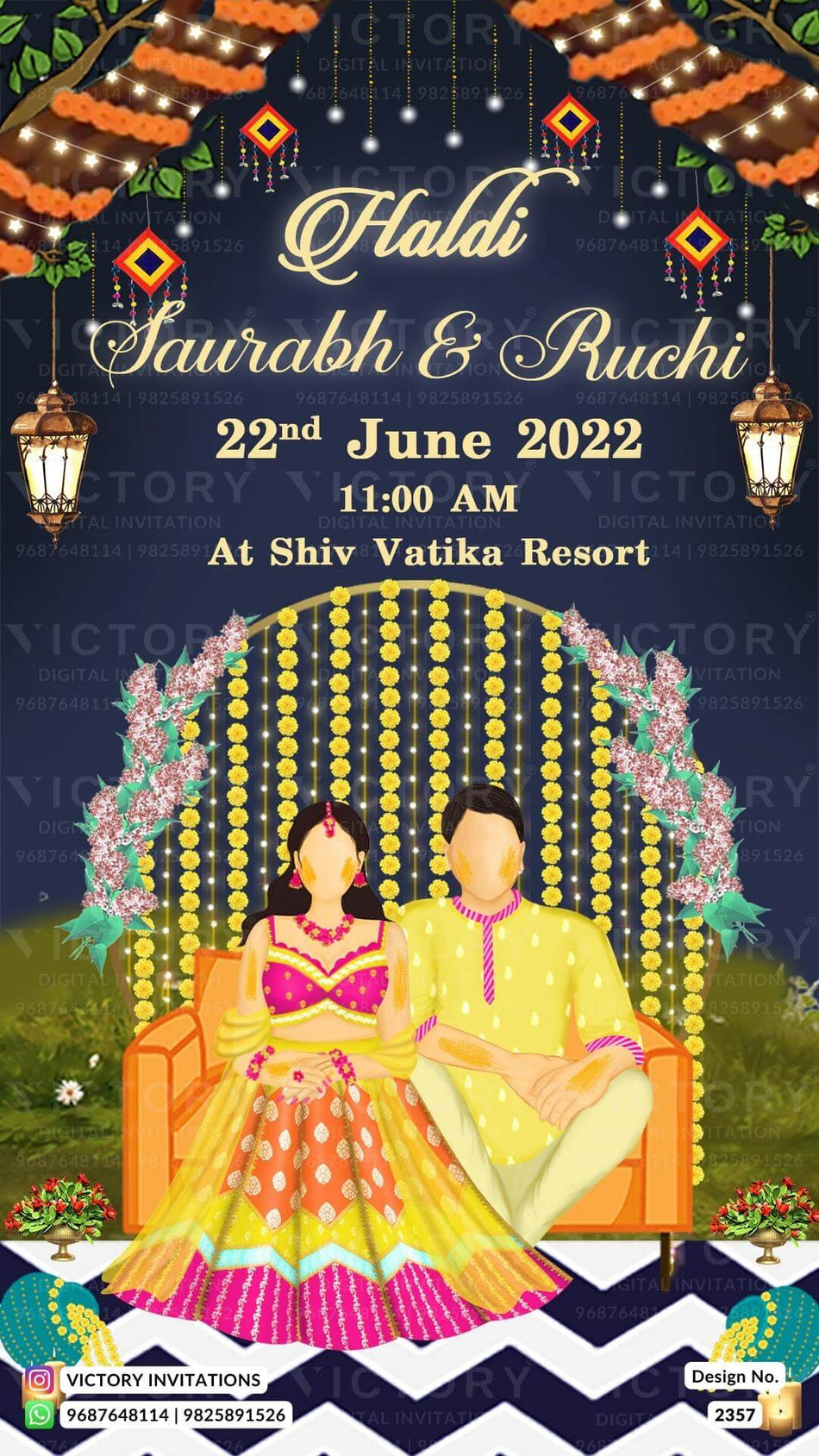 Haldi ceremony invitation card in english language with couple doodle, string lights as night view theme design 2357