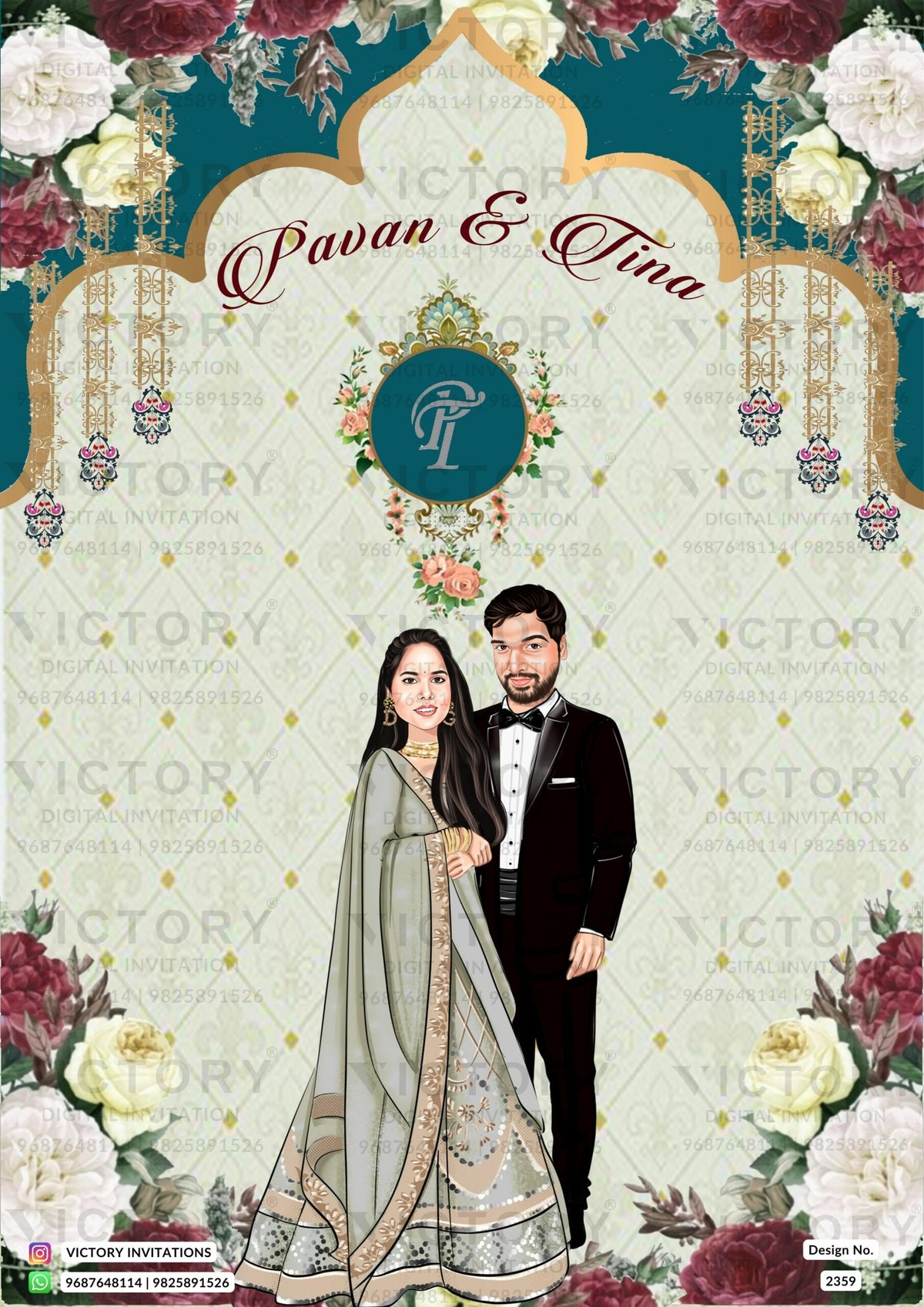 Traditional couple caricature invitation card for wedding ceremony of south indian kannada family in english language with arch theme design 2359