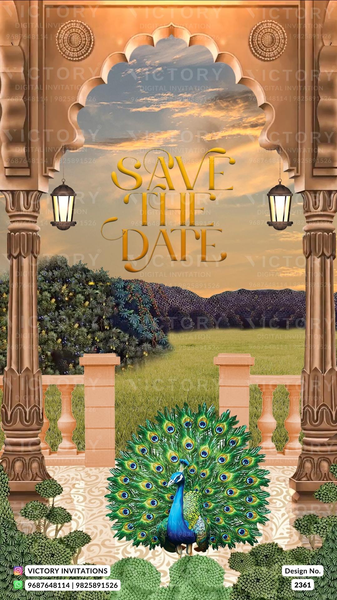 Save the Date card in english language with royal theme design 2361