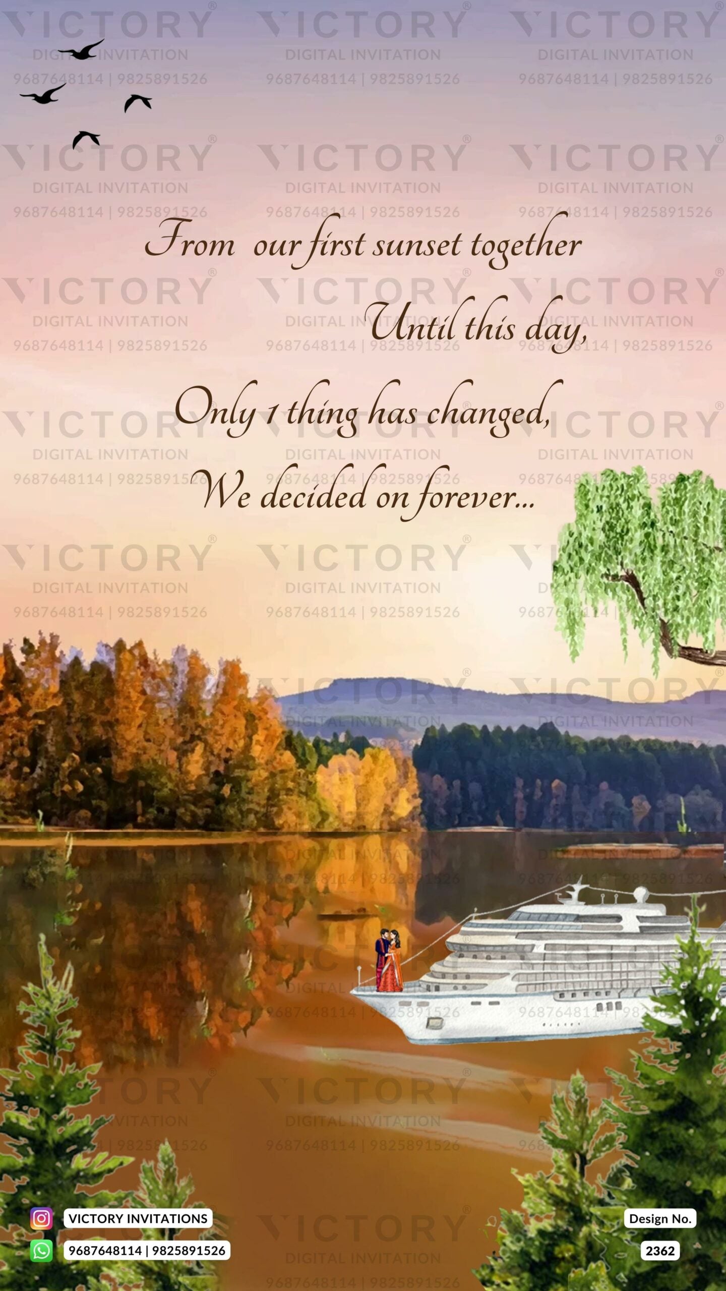 Delightful couple caricature invitation card for Save the Date in English language with mountain, water, tree as cruise theme design 2362