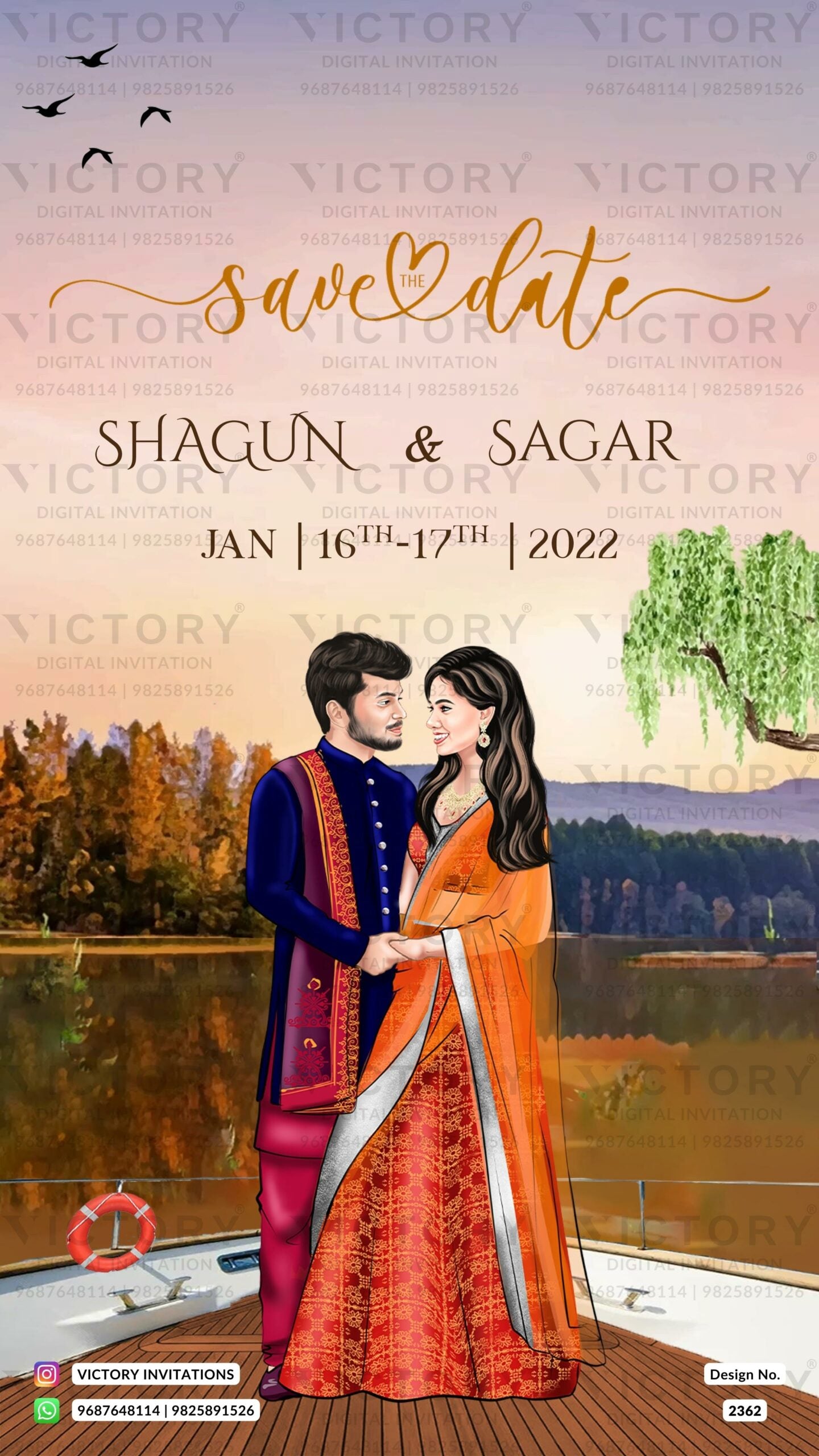 Violet and Brown Whimsical Woodland Theme Indian Wedding Save the Date Invitations with Couple Caricature Illustration, Design no. 2362