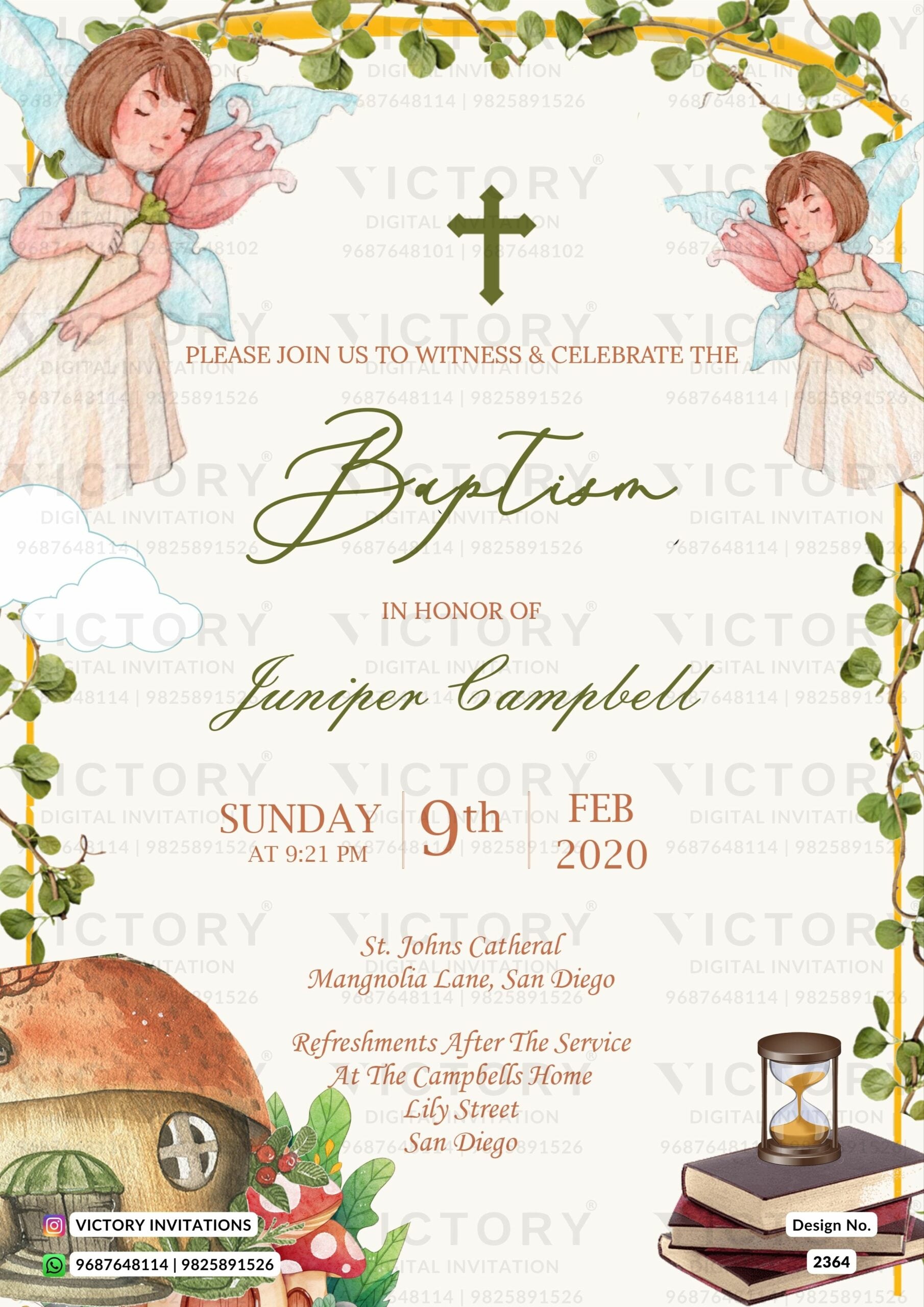 Baptism ceremony invitation card in english language with house, gate as fairytale theme design 2364