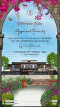 House Warming ceremony invitation card in english language with gate, flowers as classic theme design 2368