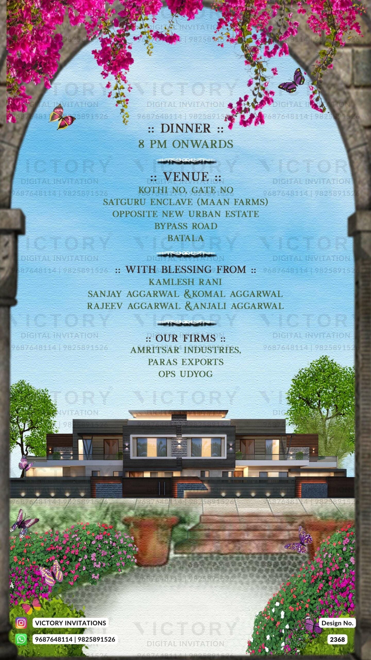 "Enchanting Symphony of Ethereal Sky Blue, Stonewall Old Gate, Divine Indian Gods, Lush Gardens, and Vintage Butterflies in a Digital Gruh Pravesh Invitation Card" Design no.2368