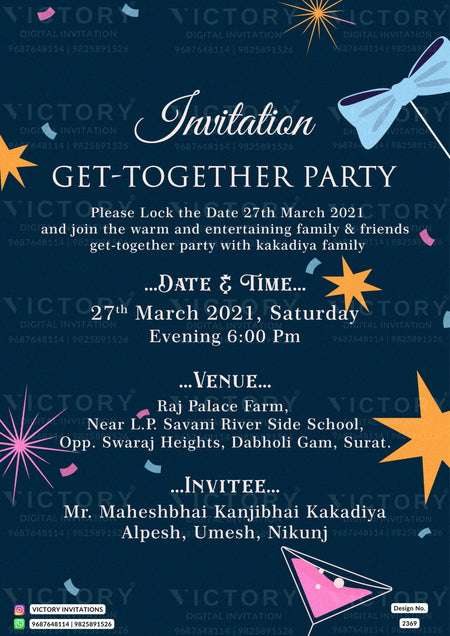 Get Together Party invitation card in english language with ribbon, glass as minimalistic theme design 2369