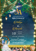 Roka ceremony invitation card for Punjabi family in english language with couple logo, romantic couple doodle as glittery theme design 2373