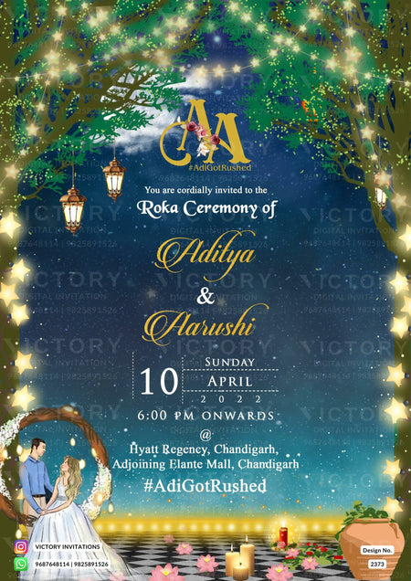 Roka ceremony invitation card for Punjabi family in english language with couple logo, romantic couple doodle as glittery theme design 2373