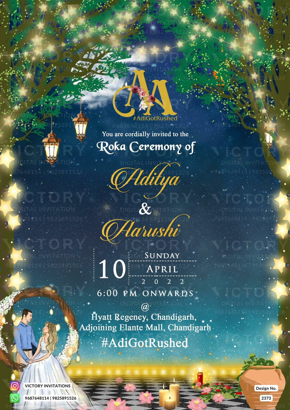 Roka ceremony invitation card for Punjabi family in english language with couple logo, romantic couple doodle as glittery theme design 2373